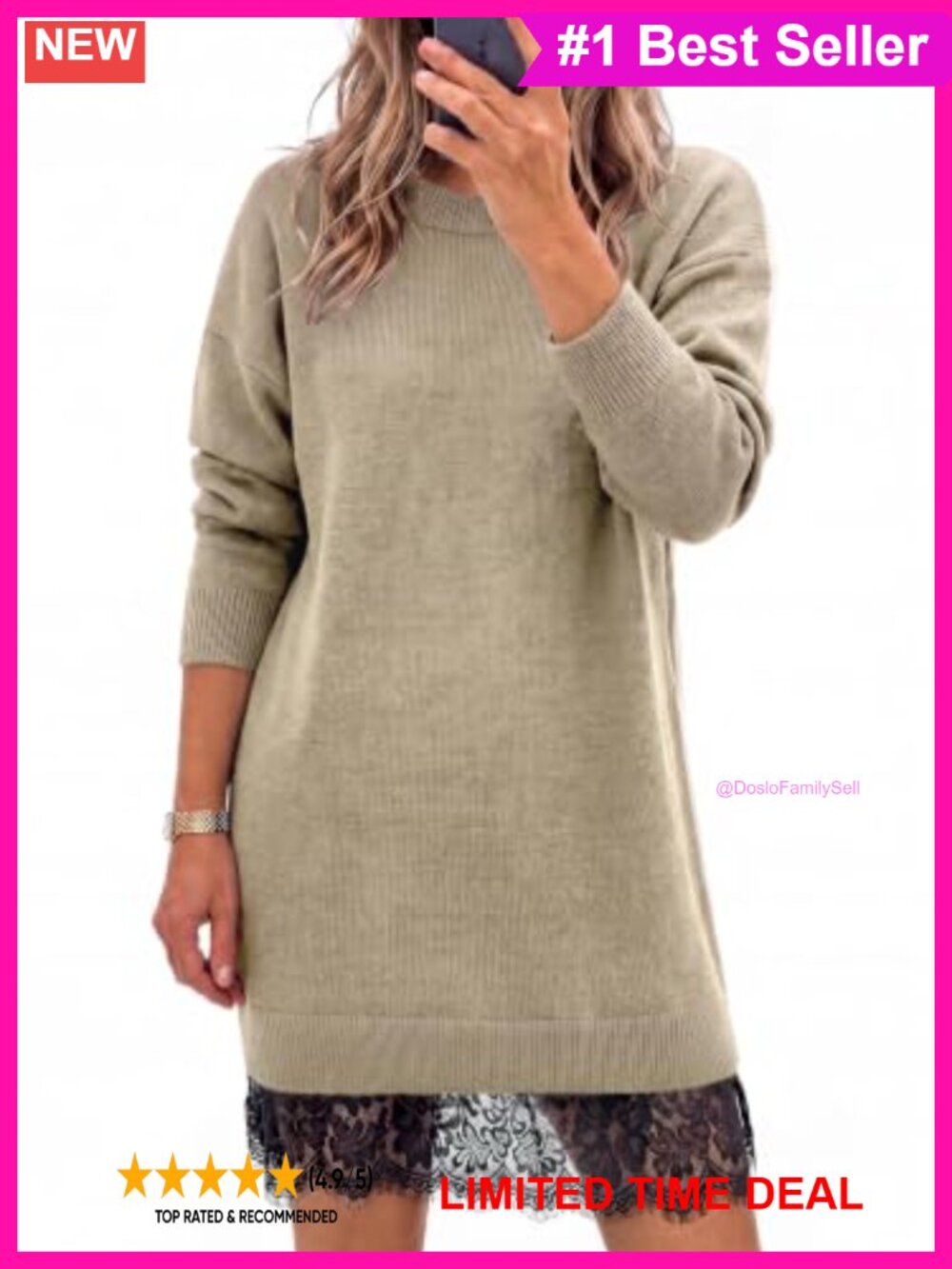 Long Sleeve Lace Hem Knit Sweater Mini Dress Crew Neck Relaxed Fit